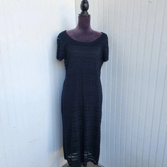 Ronni Nicole Black Midi Dress Circle Lace overlay Gold Zip Stretch Bodycon Sz 10 - Picture 1 of 13